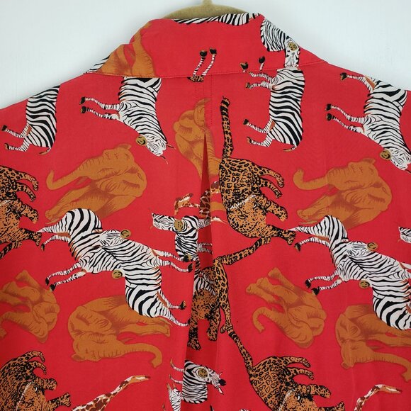 Vintage Piano Red Safari Silk Blouse Elephant Zebra Print Button Up Womens 2X - Picture 7 of 7